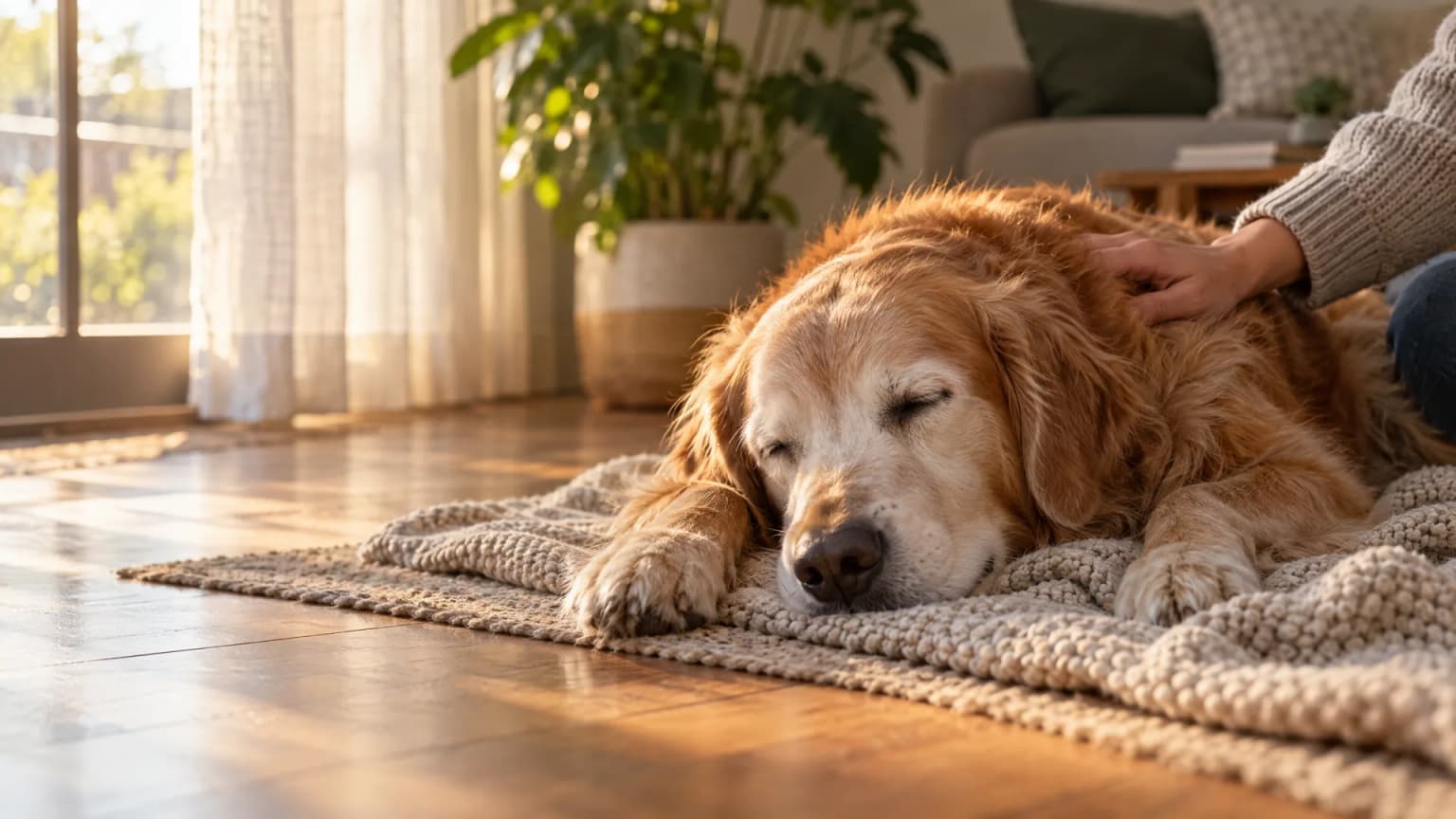Senior golden retriever resting peacefully on a knitted blanket at home while their owner gently strokes them
