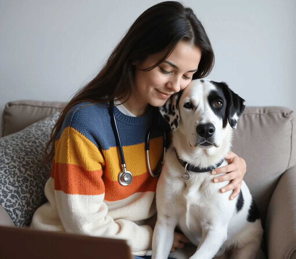 Veterinarian with a dog at home