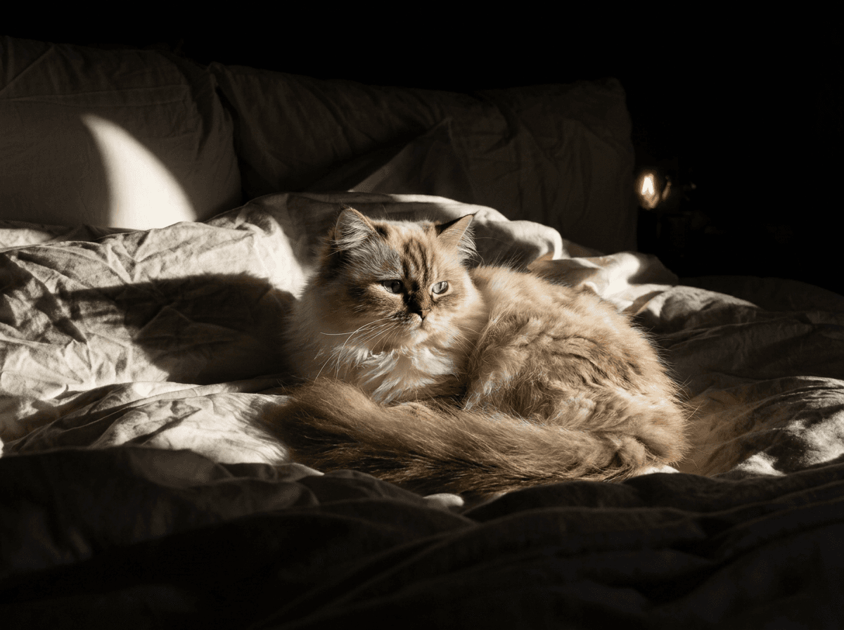 A cat sitting on the bed in the light