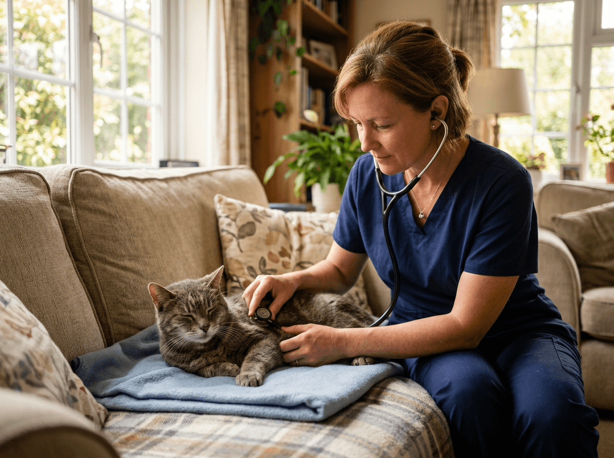 A Veterinarian checking on a cat with a stethascope