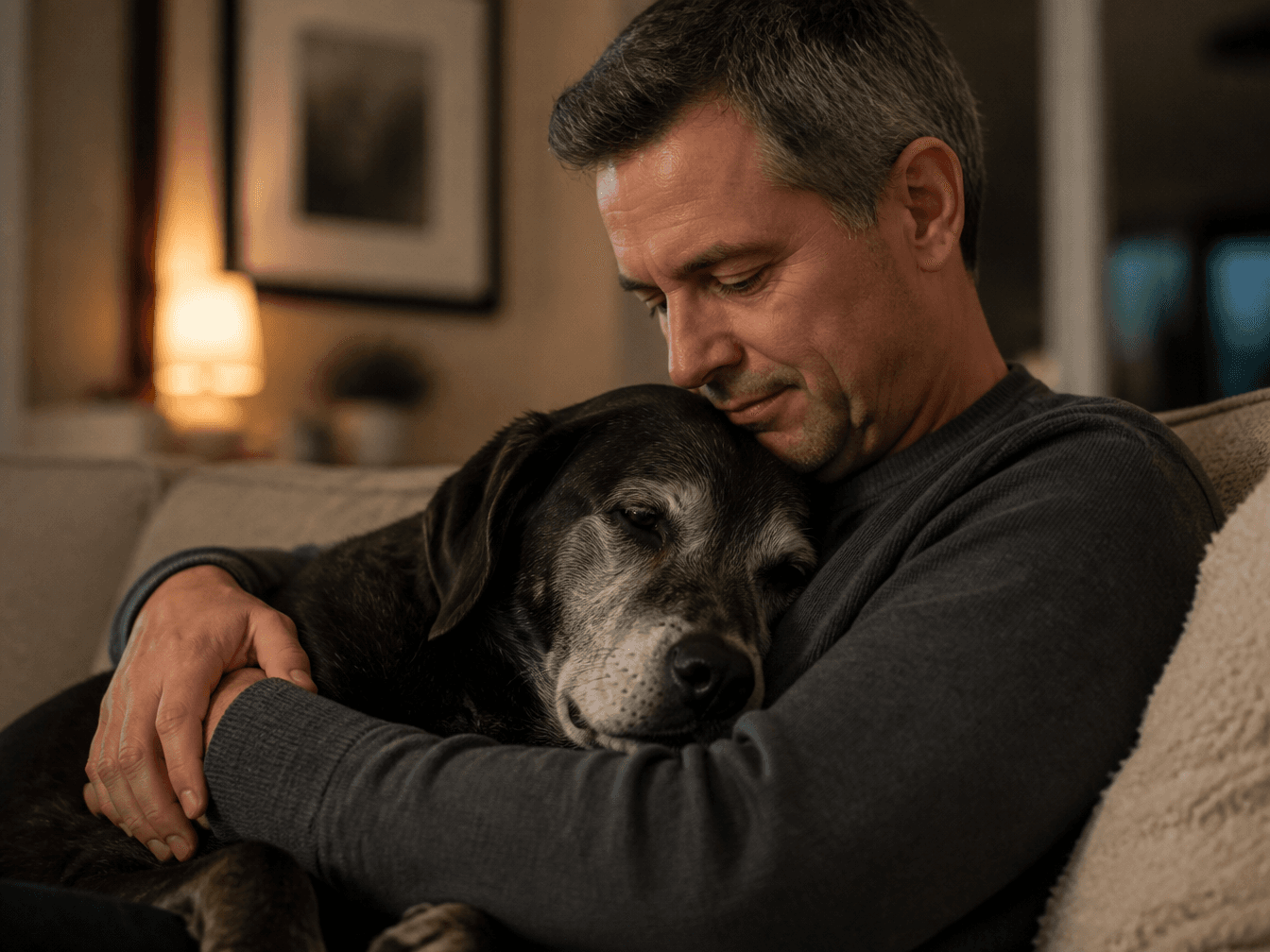 An owner holding his aging dog