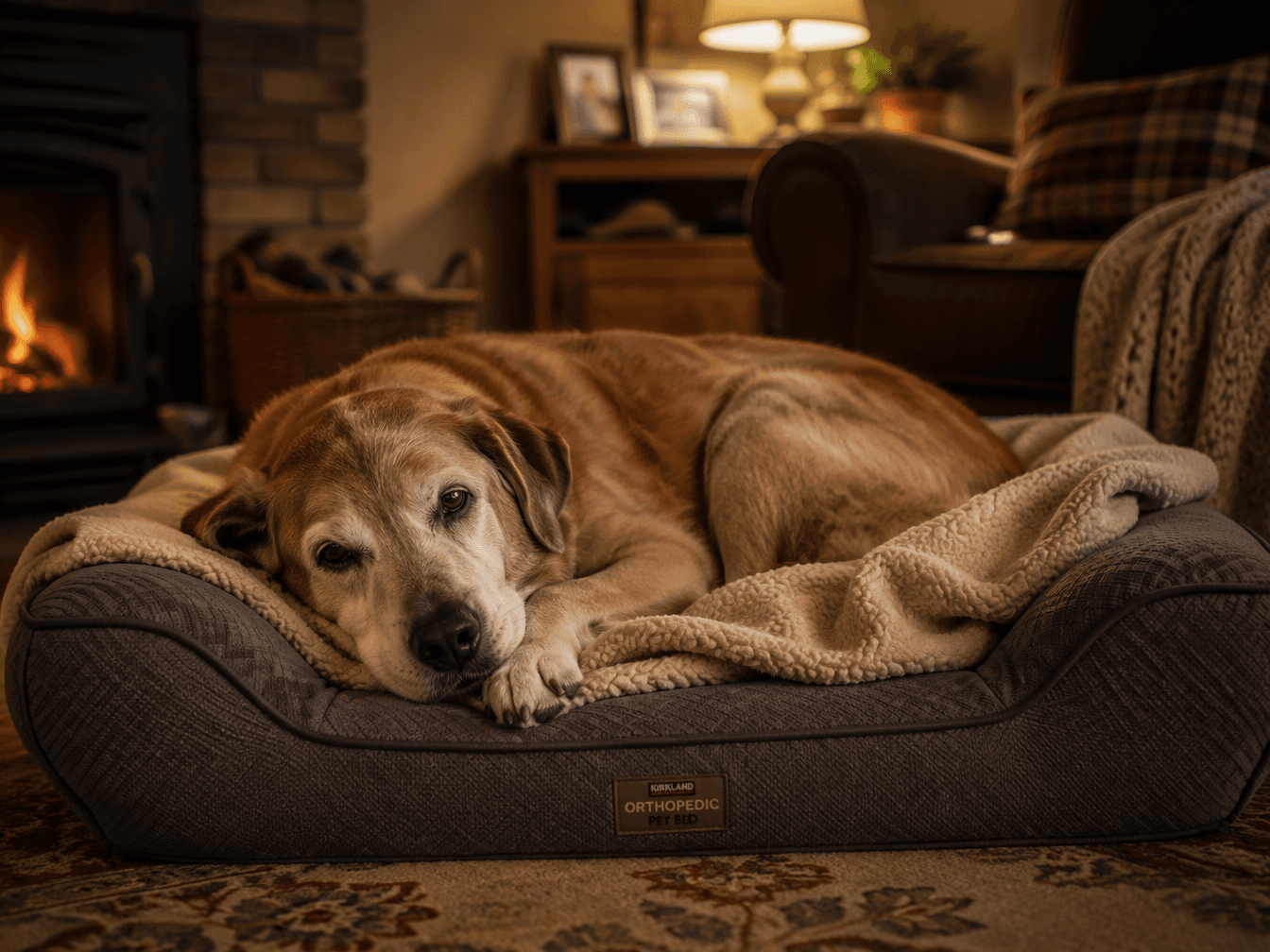 A dog laying in a comfortable bed